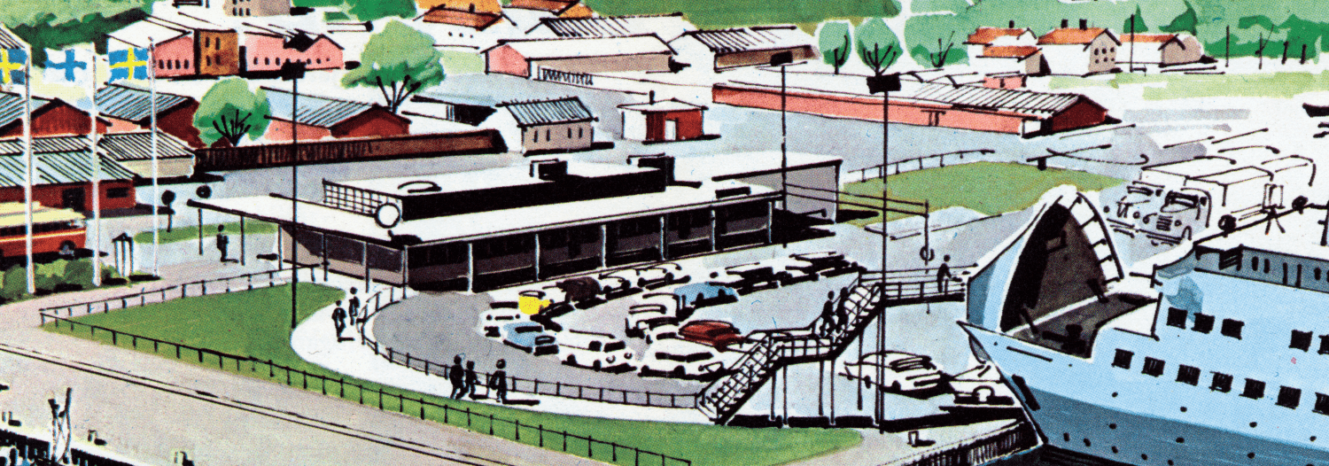 Piirroskuva Norrtäljen satamasta vuodelta 1961.